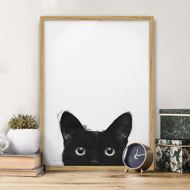 Moderne Bilder mit Rahmen Illustration Schwarze Katze auf Weiß Malerei