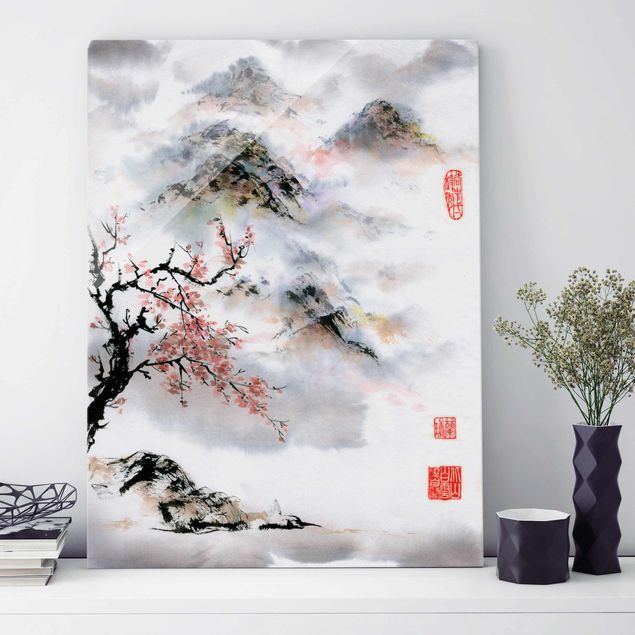 Glasbilder XXL Japanische Aquarell Zeichnung Kirschbaum und Berge