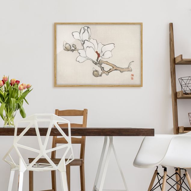 Blumen Bilder mit Rahmen Asiatische Vintage Zeichnung Weiße Magnolie