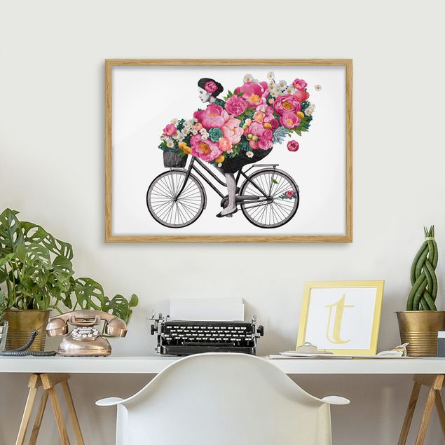 Moderne Bilder mit Rahmen Illustration Frau auf Fahrrad Collage bunte Blumen