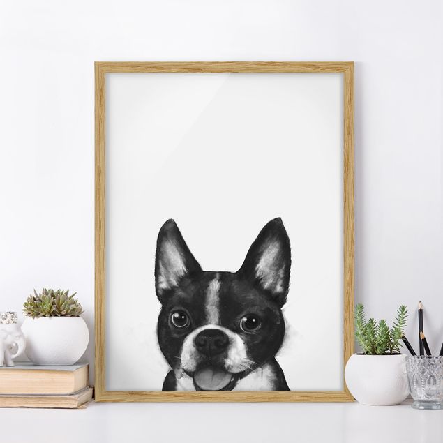 schwarz-weiß Bilder gerahmt Illustration Hund Boston Schwarz Weiß Malerei