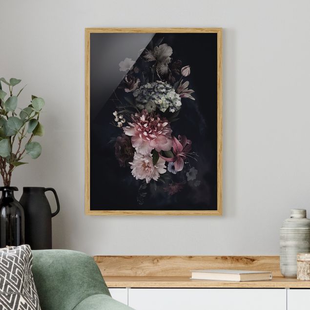Moderne Bilder mit Rahmen Blumen mit Nebel auf Schwarz