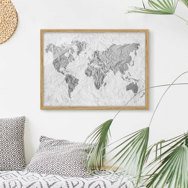 Weltkarten Bilder mit Rahmen Papier Weltkarte Weiß Grau