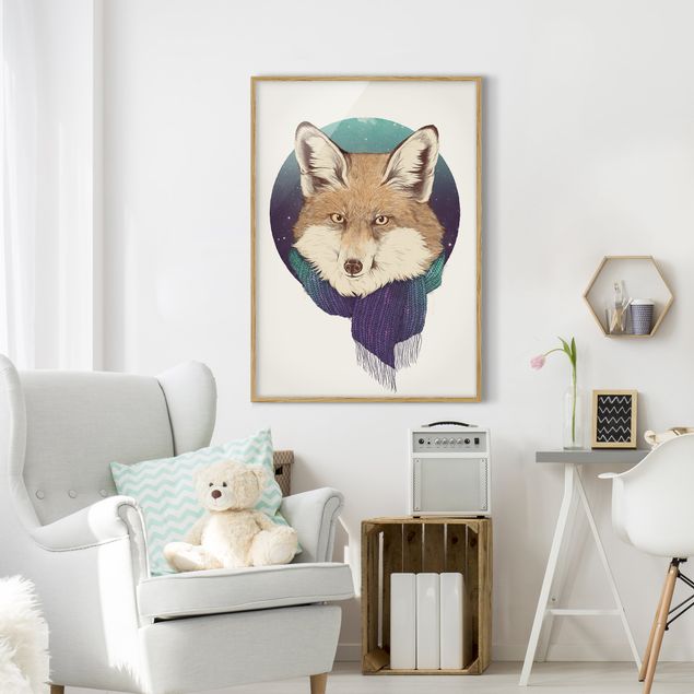 Tiere Bilder mit Rahmen Illustration Fuchs Mond Lila Türkis