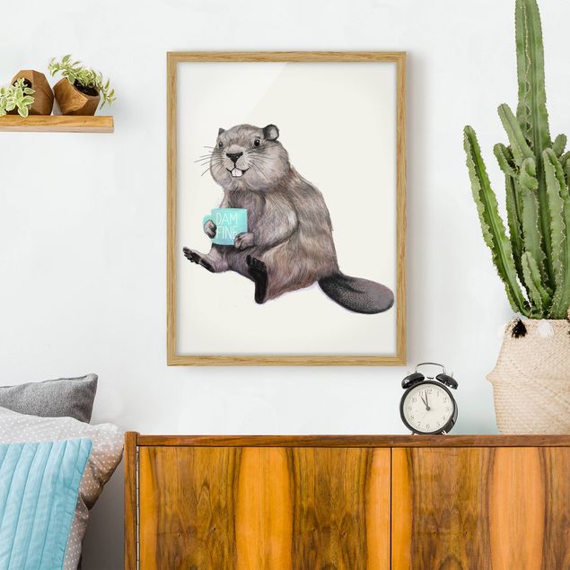 Tiere Bilder mit Rahmen Illustration Biber mit Kaffeetasse