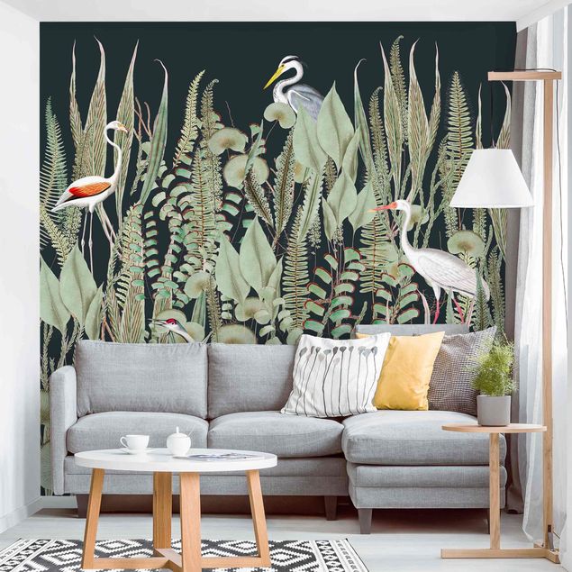 Vogel Tapete Flamingo und Storch mit Pflanzen auf Grün
