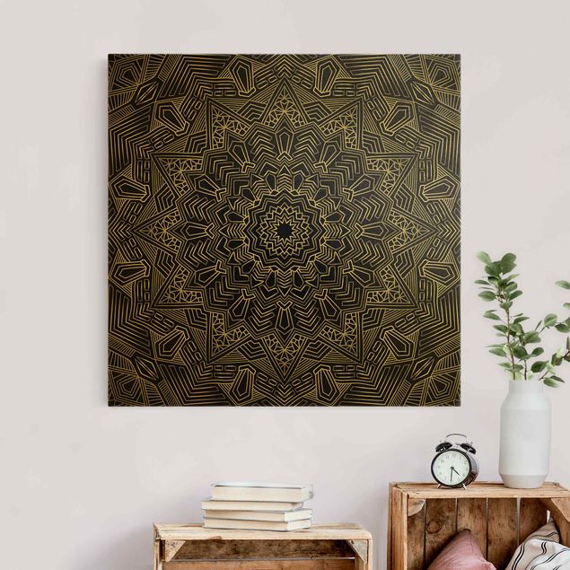 Leinwandbild Gold - Mandala Stern Muster silber schwarz - Quadrat 1:1