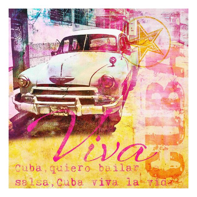 Glasbild - Kubanischer Oldtimer Collage - Quadrat 1:1