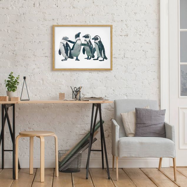 Moderne Bilder mit Rahmen Illustration Pinguine Schwarz Weiß Aquarell