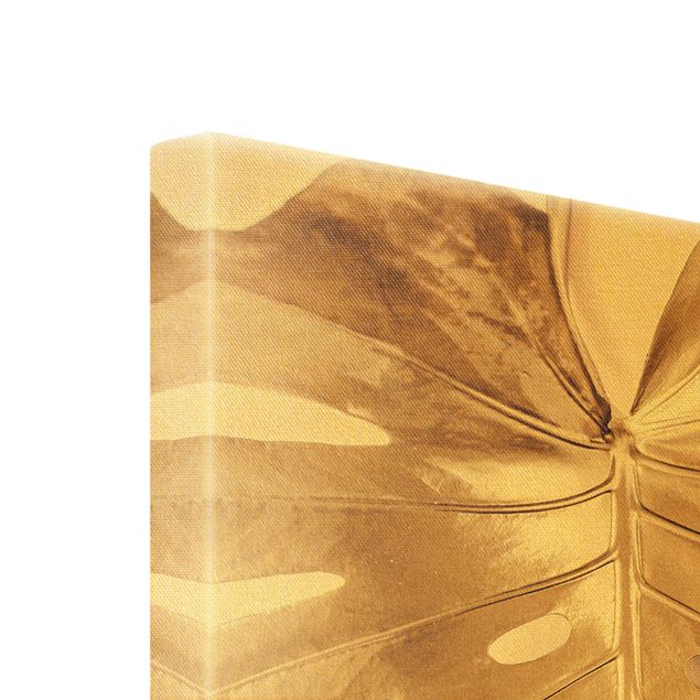 Leinwandbild Gold - Goldenes Monsterablatt auf Rosa - Hochformat 2:3
