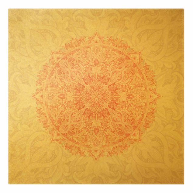 Leinwandbild Gold - Mandala Aquarell Ornament beige orange - Quadrat