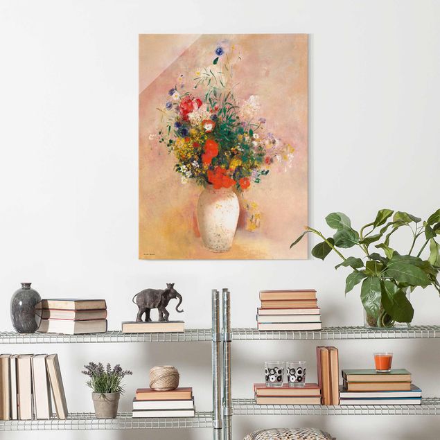 Glasbild - Odilon Redon - Vase mit Blumen (rosenfarbener Hintergrund) - Hochformat 4:3