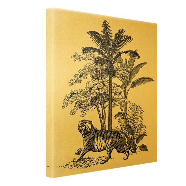 Leinwandbild Gold - Vintage Illustration - Stolzer Tiger - Hochformat 3:4