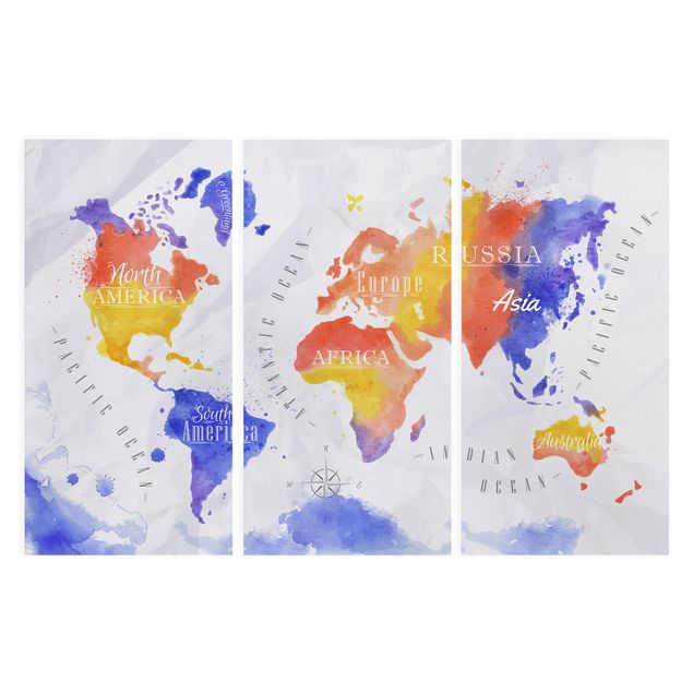 Leinwandbild 3-teilig - Weltkarte Aquarell violett rot gelb - Hoch 1:2