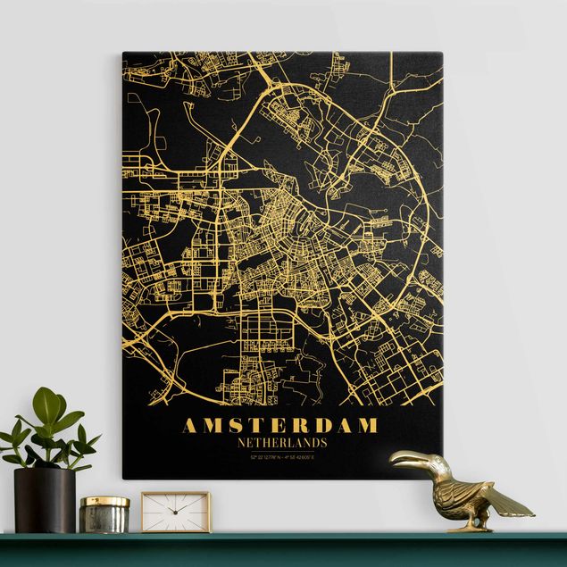 Leinwandbilder Gold Canvas Stadtplan Amsterdam - Klassik Schwarz