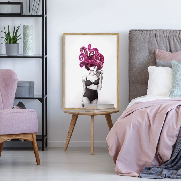 Tiere Bilder mit Rahmen Illustration Frau in Unterwäsche Schwarz Weiß Oktopus