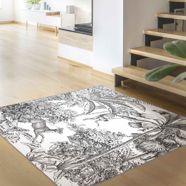 Teppich schwarz-weiß Detaillierte Dschungelzeichnung