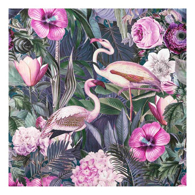 Bilder auf Glas Bunte Collage - Pinke Flamingos im Dschungel