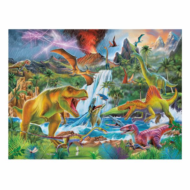 Leinwandbild - Dinosaurier im Urzeitgewitter - Querformat 4:3
