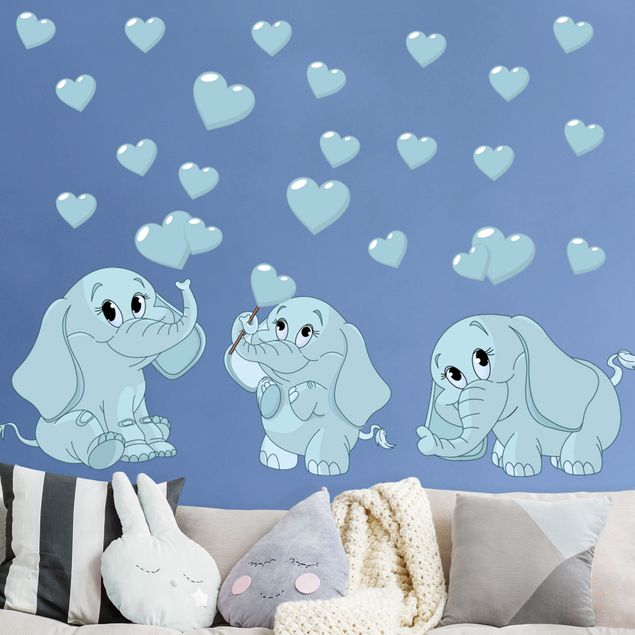 Wandtattoo Dschungel Drei blaue Elefantenbabies mit Herzen