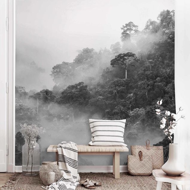 Tapete Urwald Dschungel im Nebel Schwarz-Weiß