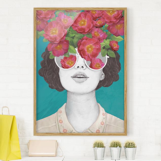Moderne Bilder mit Rahmen Illustration Portrait Frau Collage mit Blumen Brille