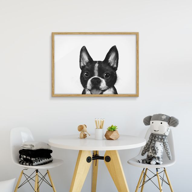 Tiere Bilder mit Rahmen Illustration Hund Boston Schwarz Weiß Malerei