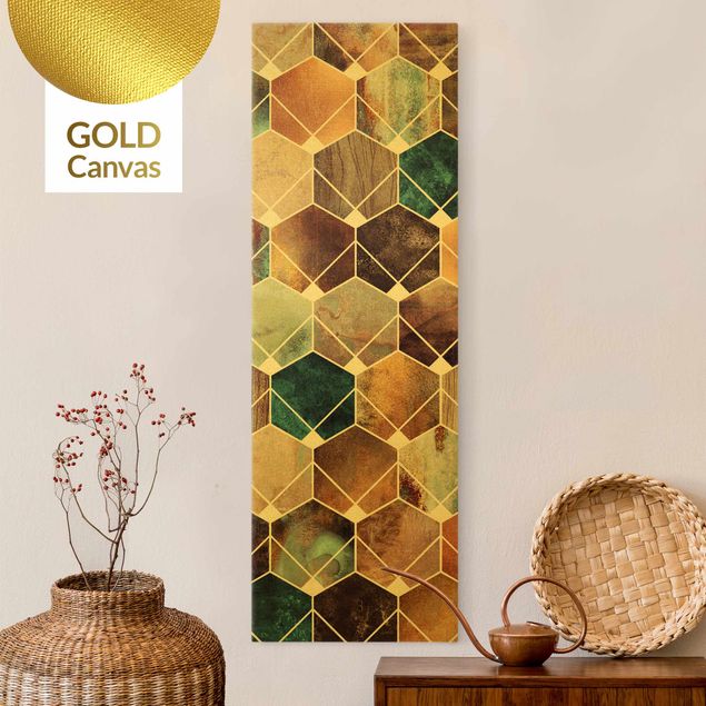 Leinwandbild Gold - Elisabeth Fredriksson - Goldene Geometrie - Türkises Art Deco - Panorama Hoch