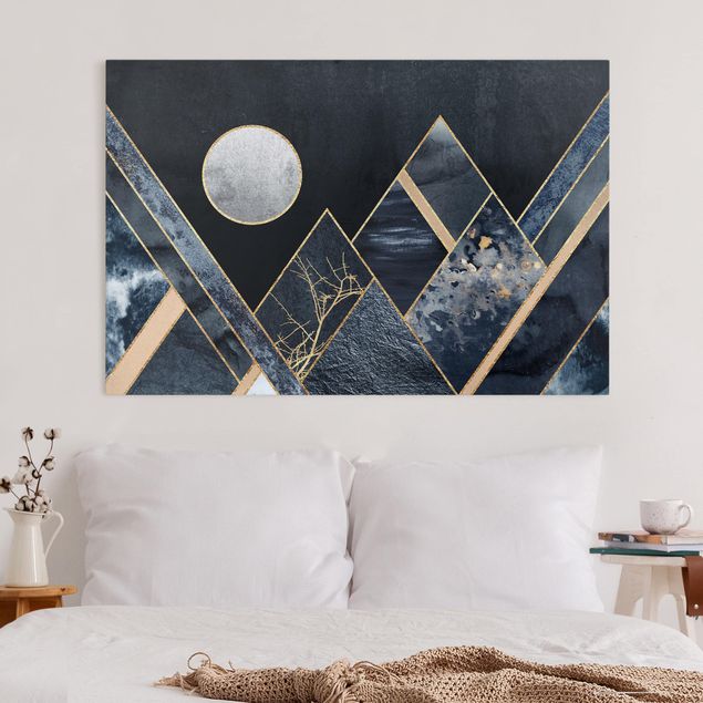 Leinwandbild - Goldener Mond abstrakte schwarze Berge - Querformat 2:3