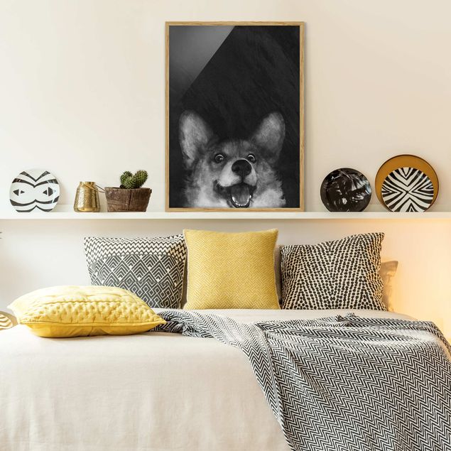 Tiere Bilder mit Rahmen Illustration Hund Corgi Malerei Schwarz Weiß