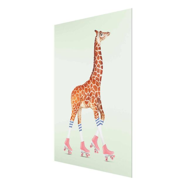 Glasbild - Jonas Loose - Giraffe mit Rollschuhen - Hochformat 4:3