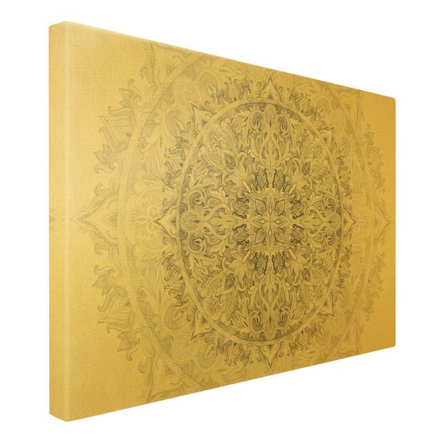 Leinwandbild Gold - Mandala Aquarell Ornament Muster schwarz weiß - Querformat 2:3