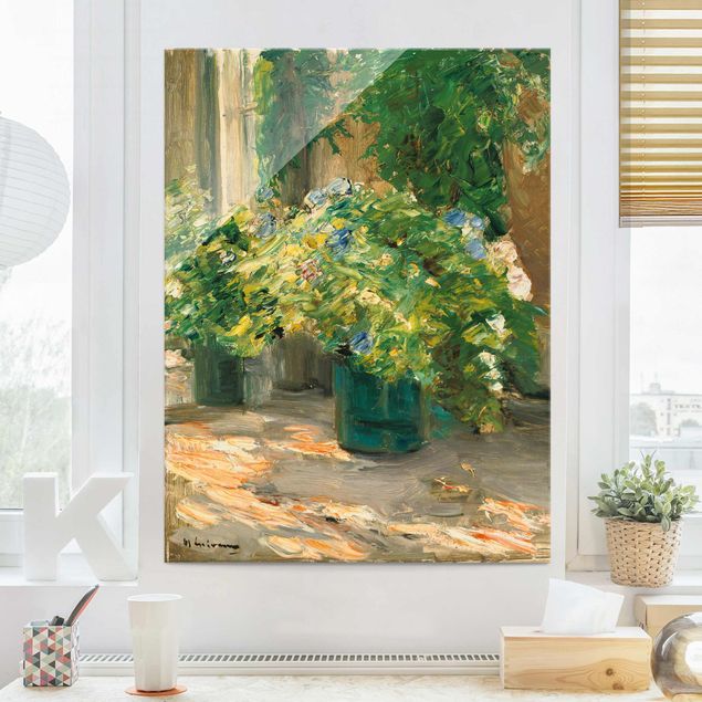 Glasbild - Max Liebermann - Blumentöpfe vor dem Haus - Hochformat 4:3