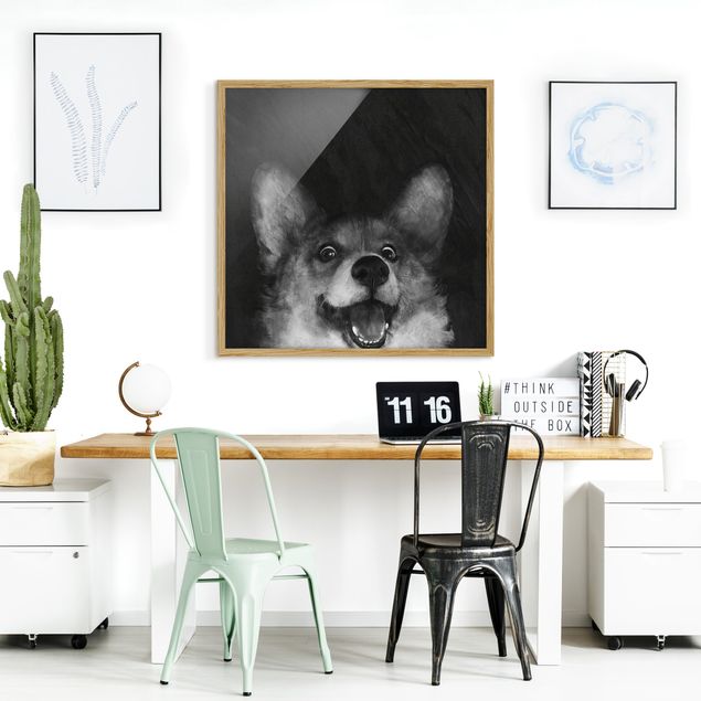 Tiere Bilder mit Rahmen Illustration Hund Corgi Malerei Schwarz Weiß