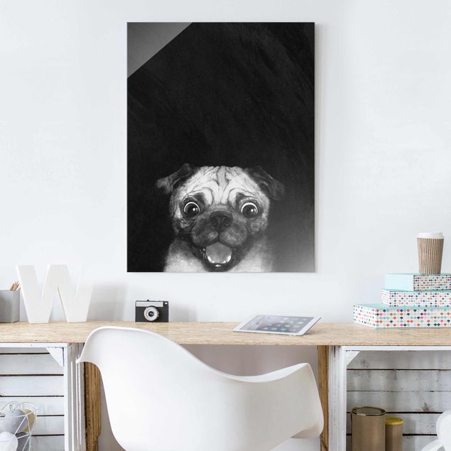 Glas Wandbilder XXL Illustration Hund Mops Malerei auf Schwarz Weiß