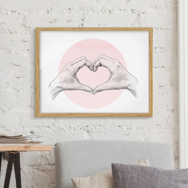 Moderne Bilder mit Rahmen Illustration Herz Hände Kreis Rosa Weiß