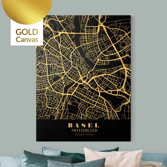 Leinwandbild Gold - Stadtplan Basel - Klassik Schwarz - Hochformat 3:4