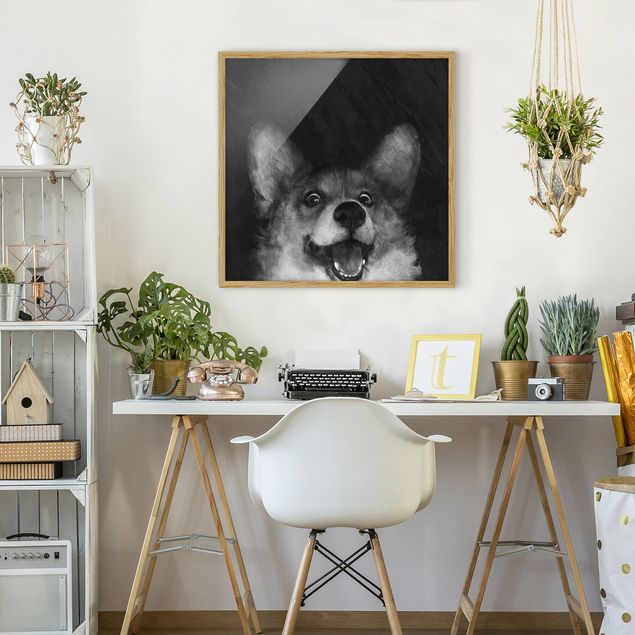 Moderne Bilder mit Rahmen Illustration Hund Corgi Malerei Schwarz Weiß