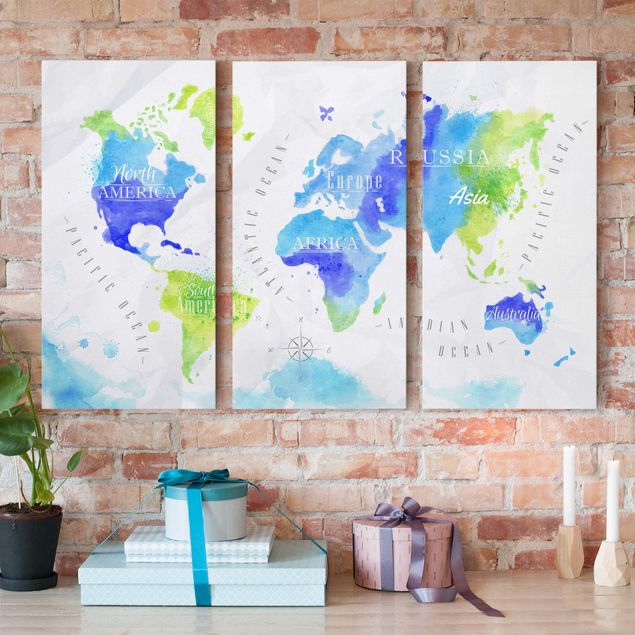 Bilder Weltkarte Aquarell blau grün