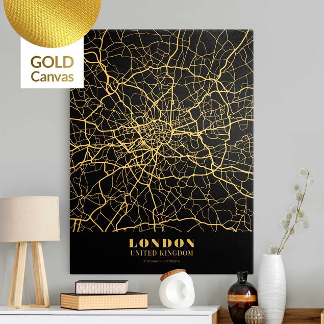 Leinwandbild Gold - Stadtplan London - Klassik Schwarz - Hochformat 3:4