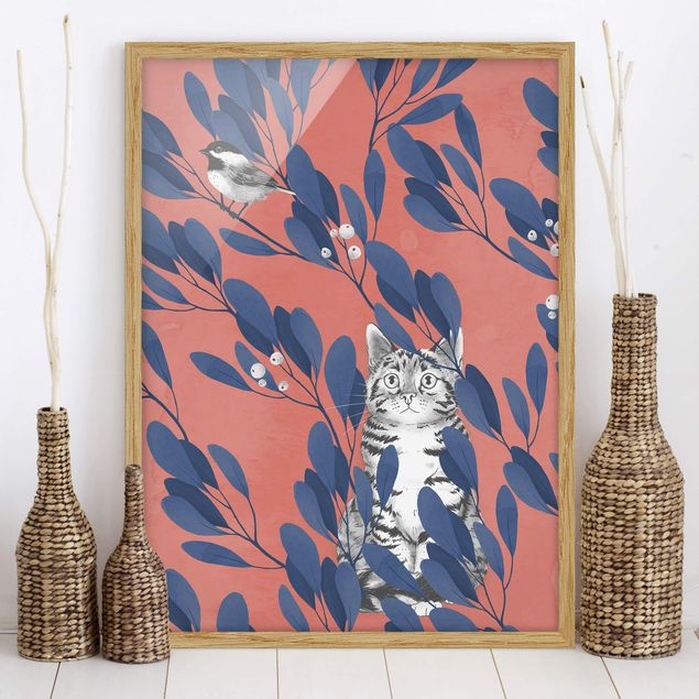 Moderne Bilder mit Rahmen Illustration Katze und Vogel auf Ast Blau Rot