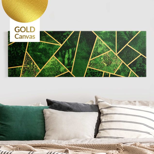 Leinwandbild Gold - Elisabeth Fredriksson - Goldene Geometrie - Dunkler Smaragd - Panorama Quer