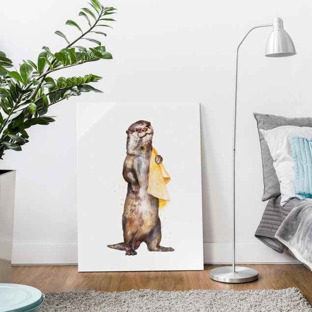 XXL Glasbilder Illustration Otter mit Handtuch Malerei Weiß