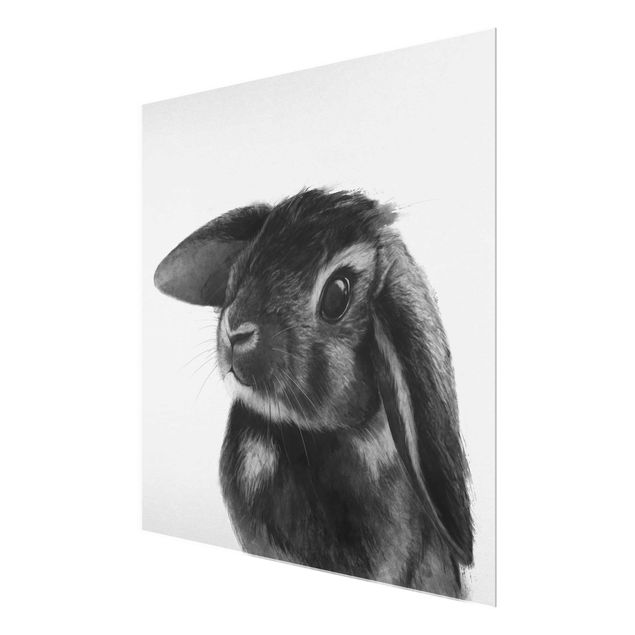 Glasbild - Illustration Hase Schwarz Weiß Zeichnung - Quadrat 1:1