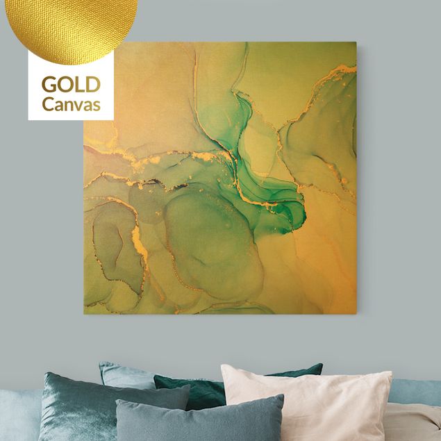 Leinwandbild Gold - Aquarell Pastell Türkis mit Gold - Quadrat 1:1