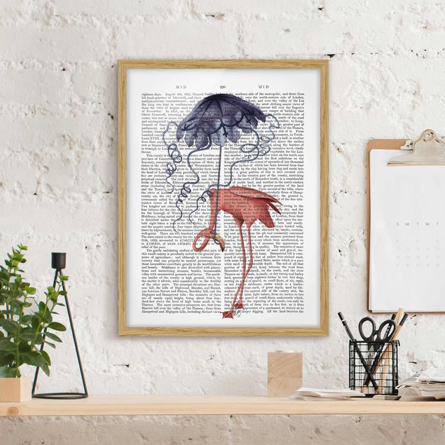 Moderne Bilder mit Rahmen Tierlektüre - Flamingo mit Regenschirm