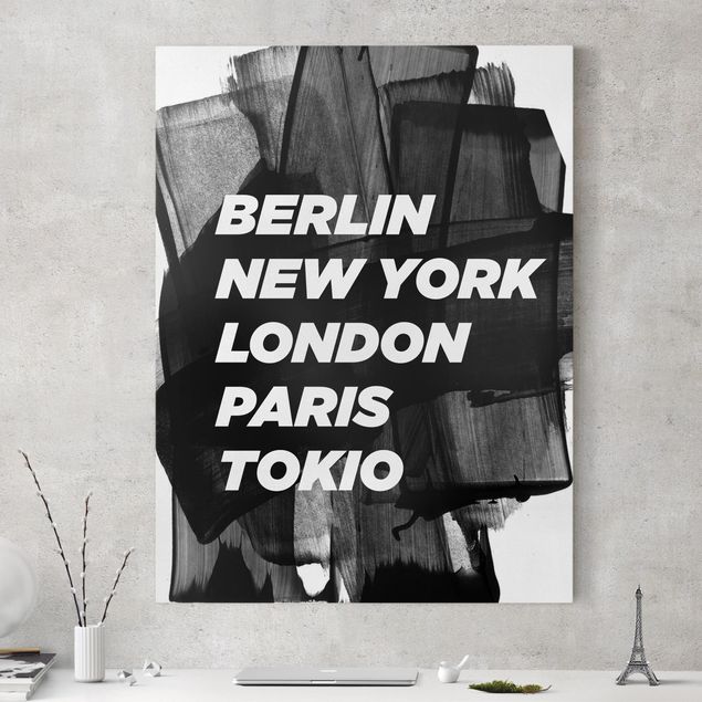 Leinwandbild mit Spruch Berlin New York London