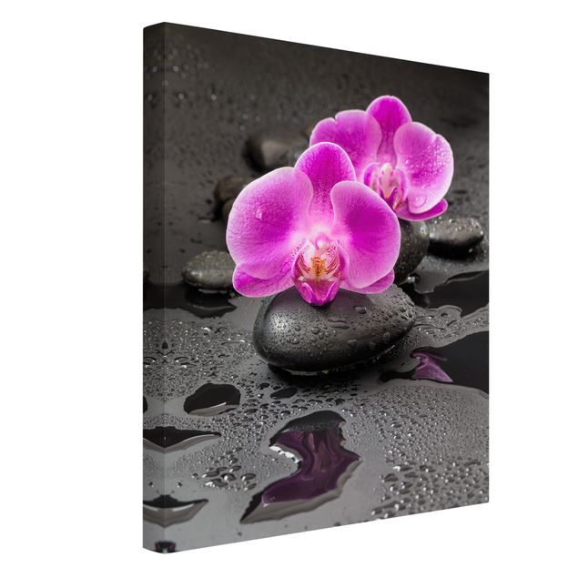 Leinwandbild - Pinke Orchideenblüten auf Steinen mit Tropfen - Hochformat 4:3