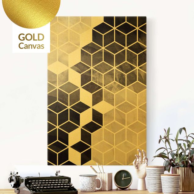 Leinwandbild Gold - Goldene Geometrie - Schwarz Weiß - Hochformat 2:3