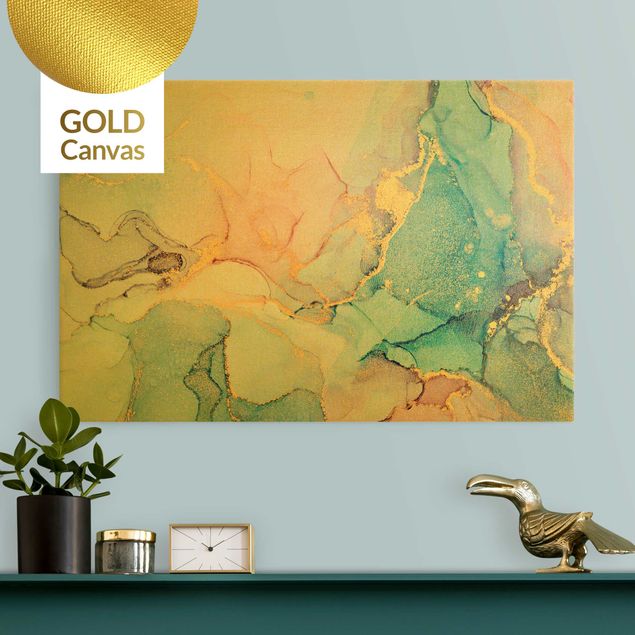 Leinwandbild Gold - Aquarell Pastell Bunt mit Gold - Querformat 3:2